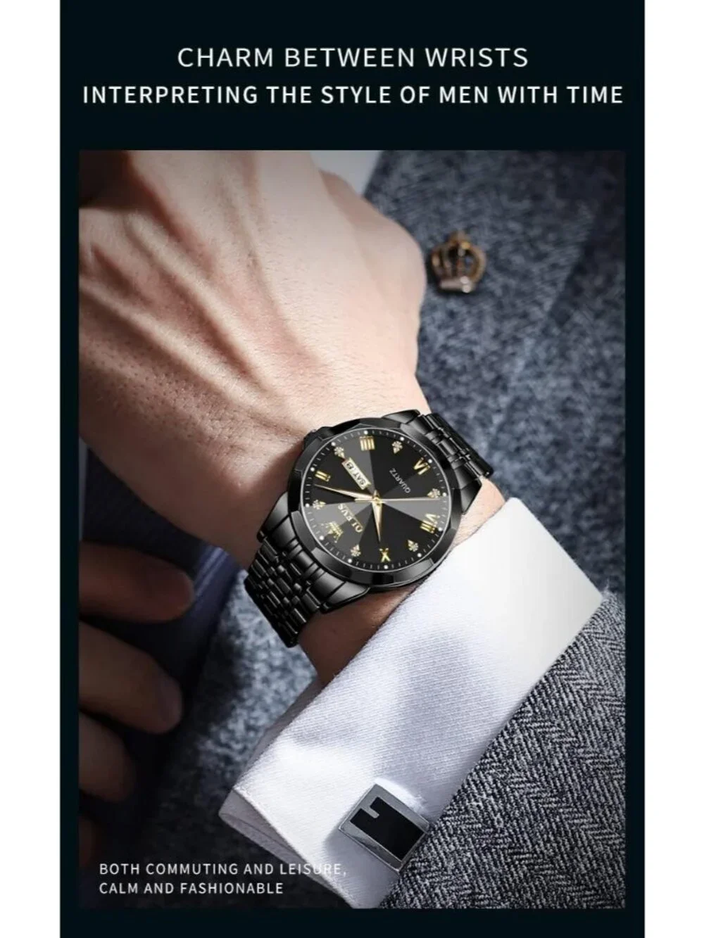 Mens Black Stainless Steel Classic Analog Quartz Diamond Waterproof Luxury Watch